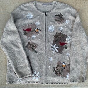 Tan Winter Bird Cardinal Chickadee Felt Appliqué Embroidered Cardigan Sweater XL